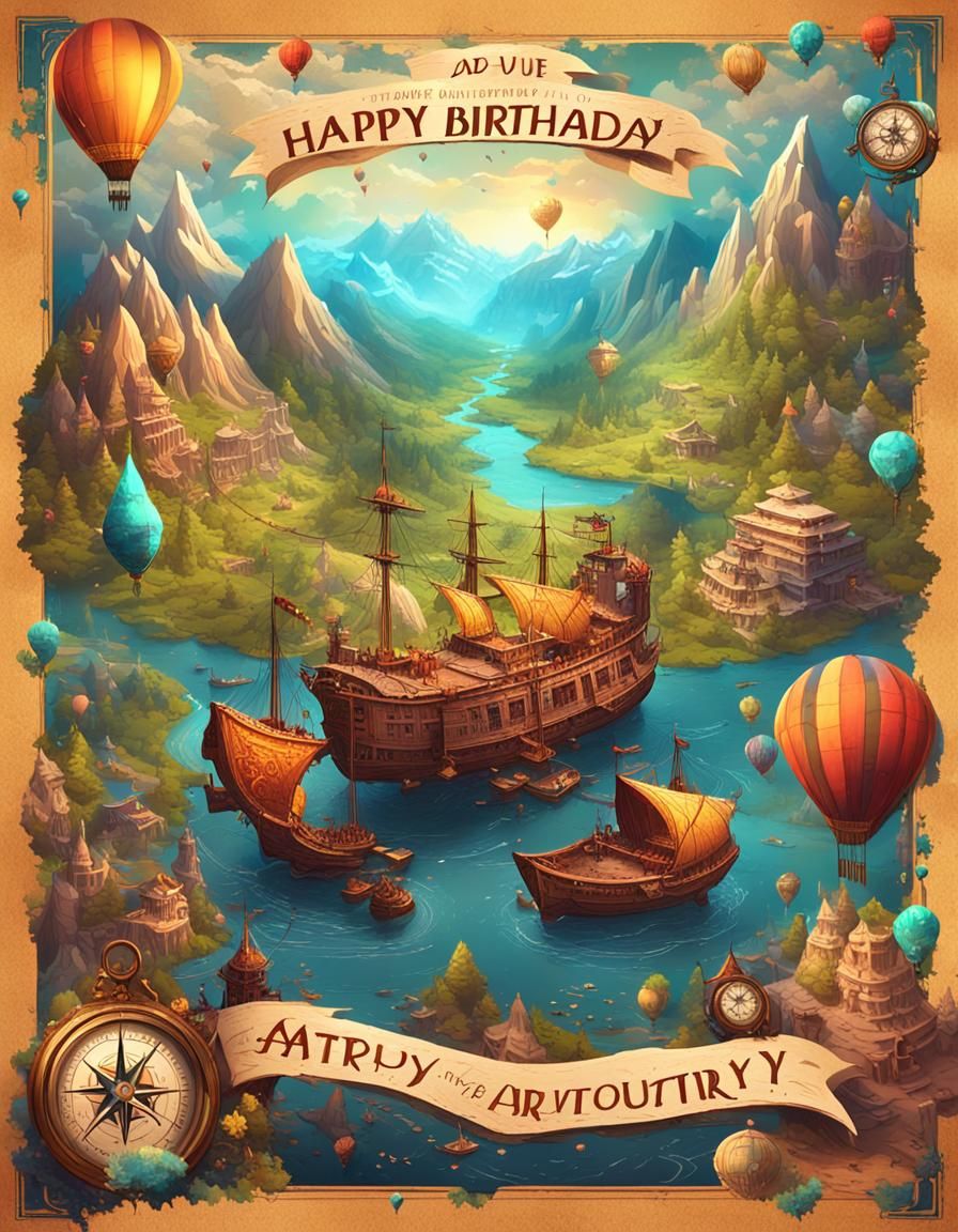 Adventure Birthday Card in Detailed Matte Painting Style