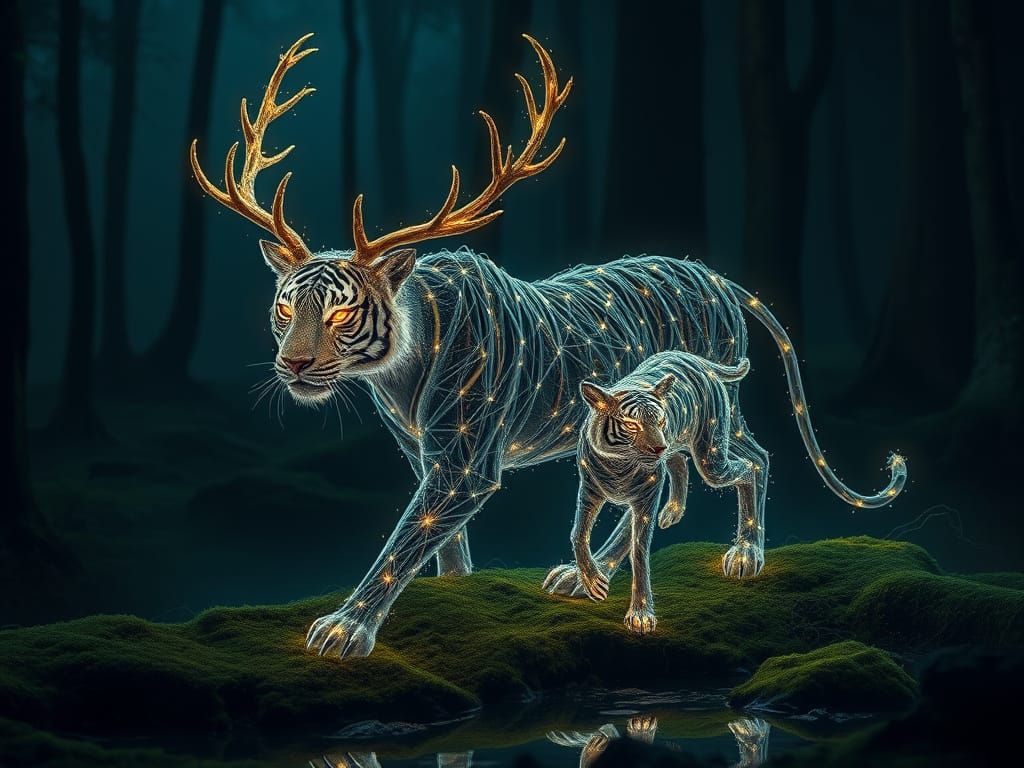 Surreal Astral Stag in Glowing Starlight Forest