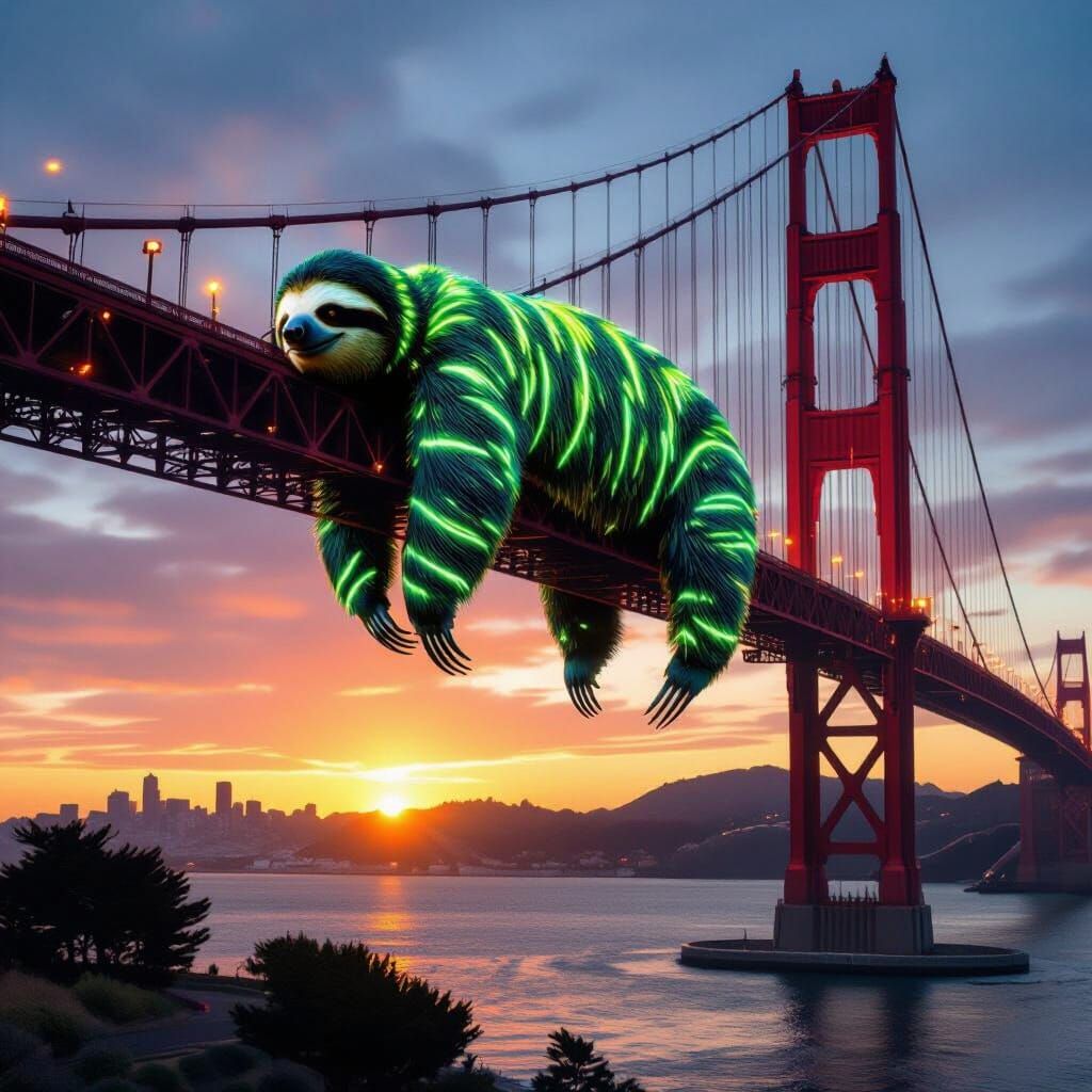 Giant Sloth Sleeps Under Golden Gate Bridge at Sunset