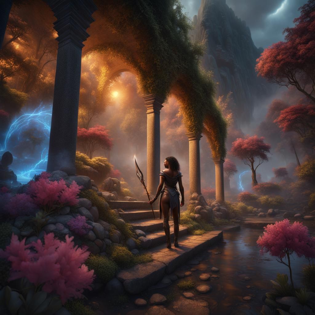 Fantasy Landscape with Warrior in Detailed Matte Painting