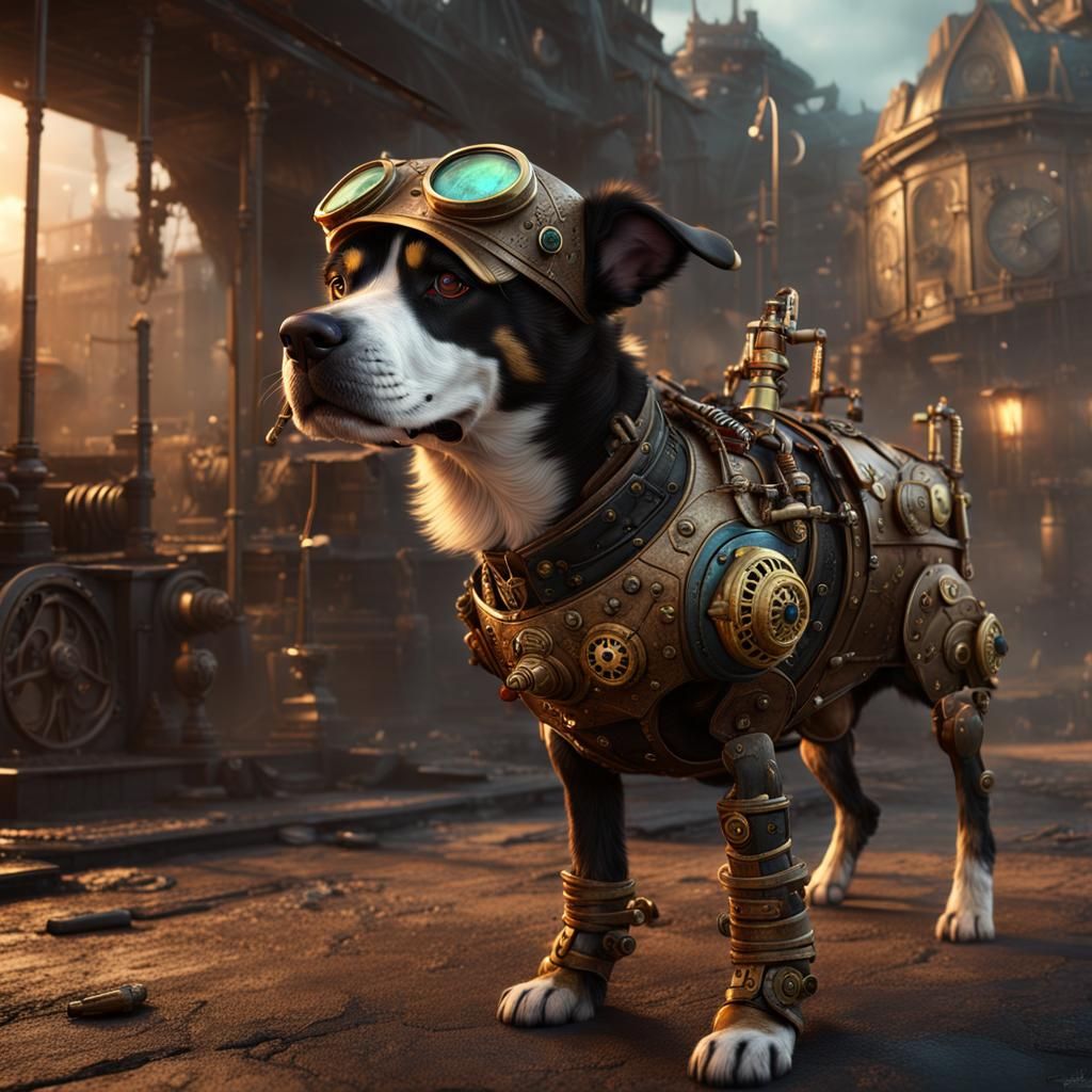 Steampunk Dog: Detailed Matte Painting in 8k