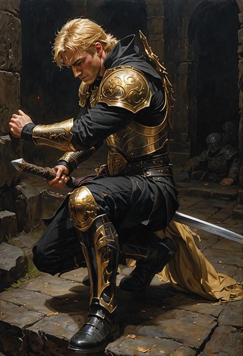 Hero Kneeling in Dungeon with Golden Hair