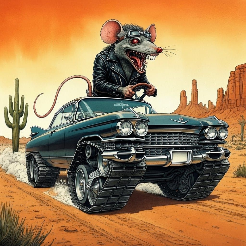 Ratfink Monster Driving Cadillac Tank in Desert
