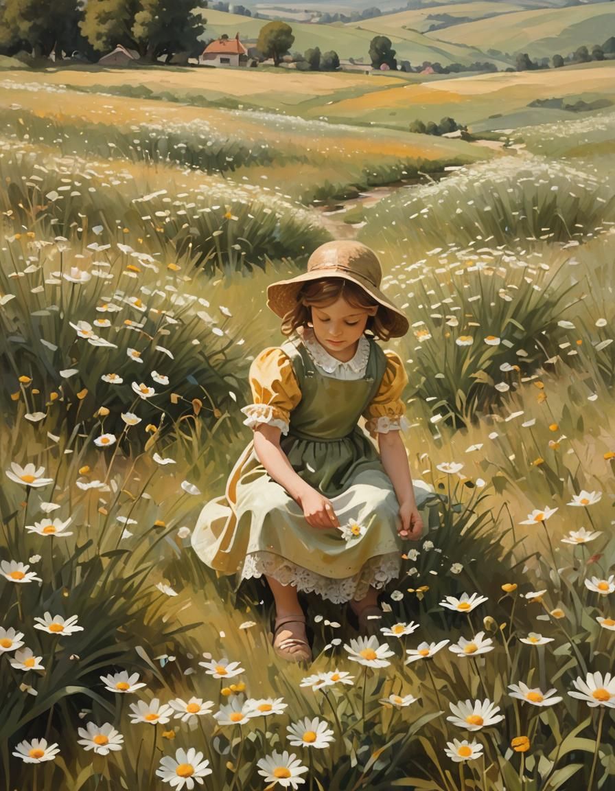 Girl in Meadow: an Impressionist Oil Painting