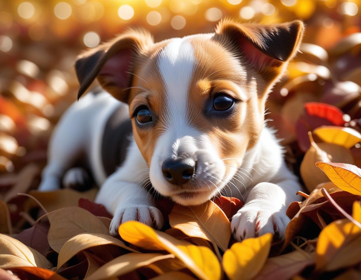 Sleeping Jack Russell Puppy in Autumn Leaves