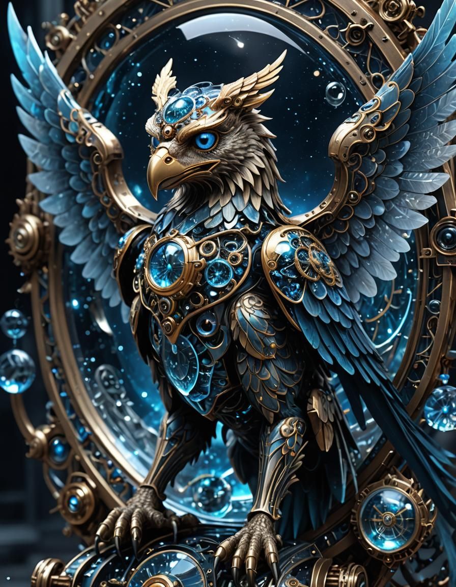 Clockwork Gryphon Flying Through Crystal Galaxies