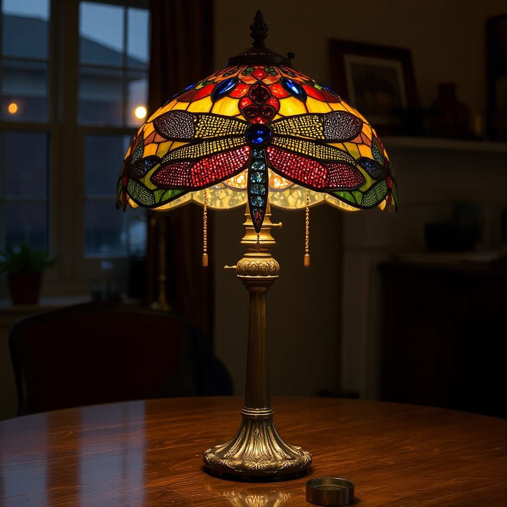 Tiffany Lamp with Ruby and Sapphire Dragonflies