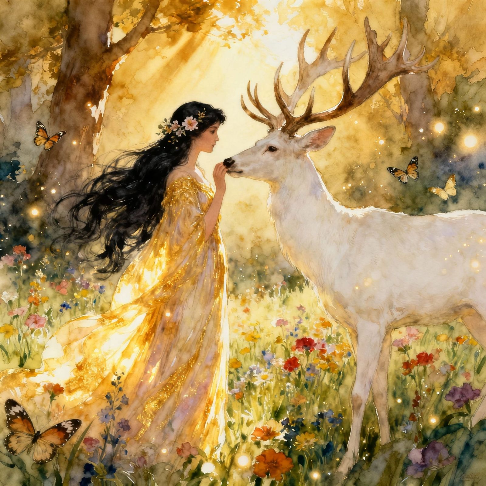 Dreamy Watercolor Fantasy: Woman and Stag in Sunlit Meadow