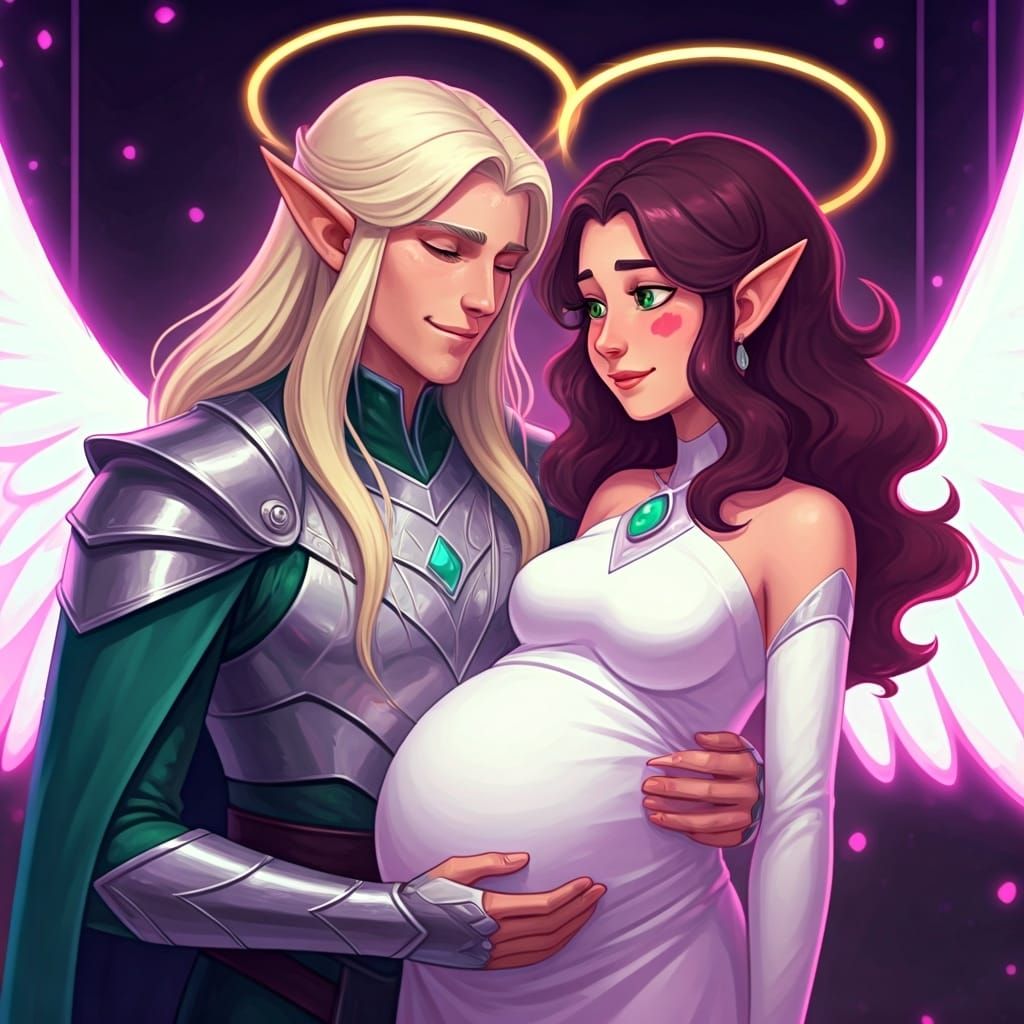 Elven Couple Embrace in Cyberpunk Angelic Scene