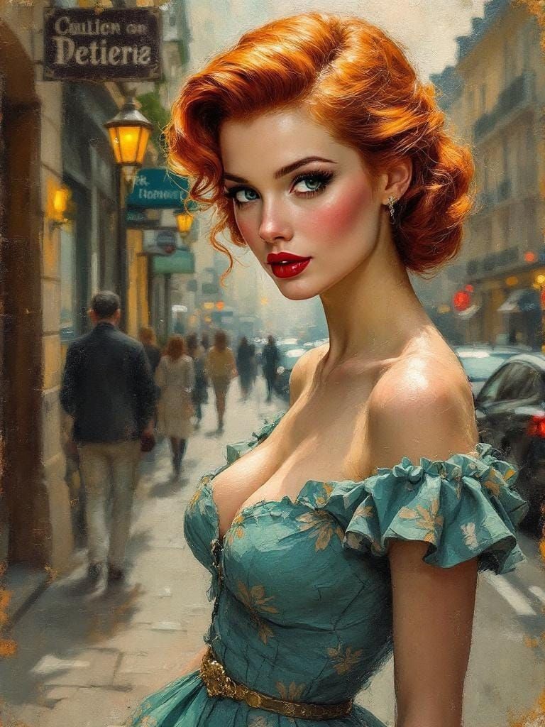 Redhead Pin-Up in Encaustic Impressionism, Paris Street