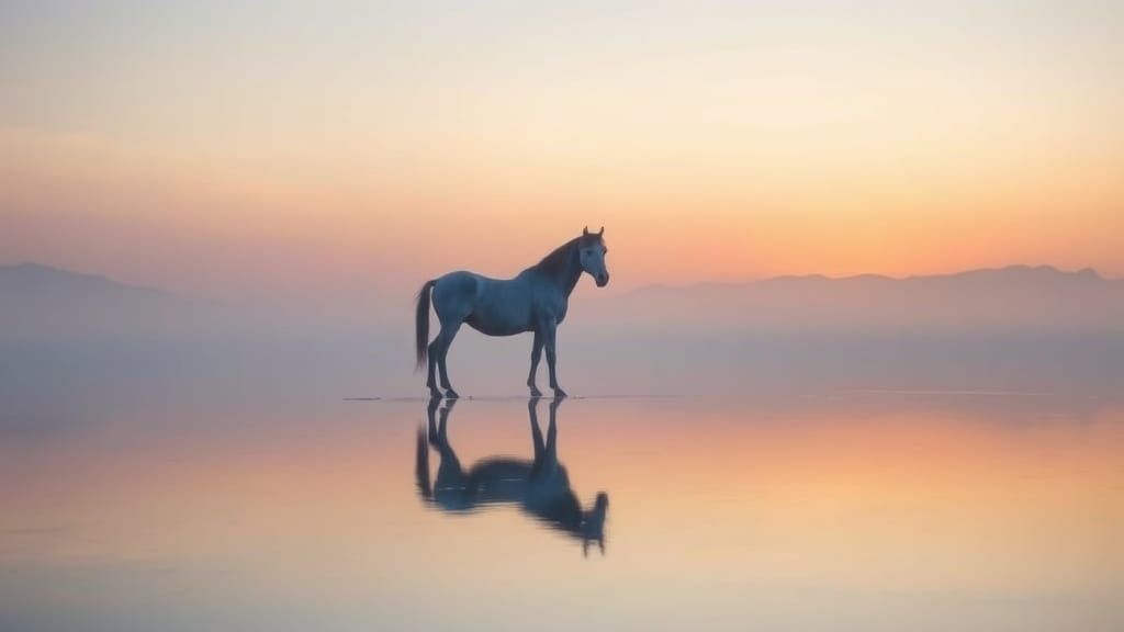 Surreal Lone Horse Reflecting in Misty Salt Lake