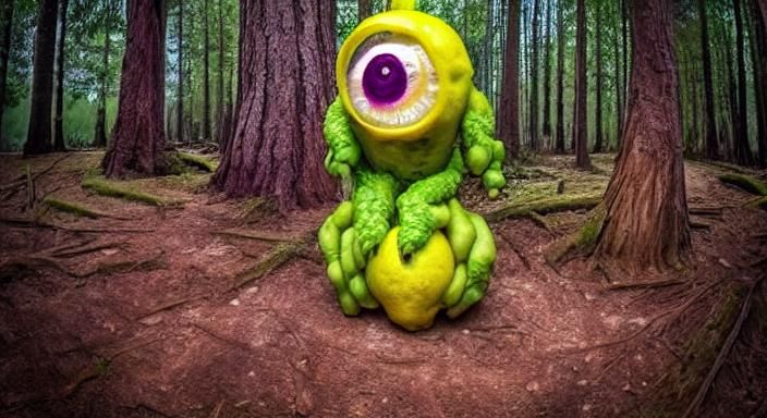 Hyperrealistic Mutant Lemon Monster in Shadowy Woodland