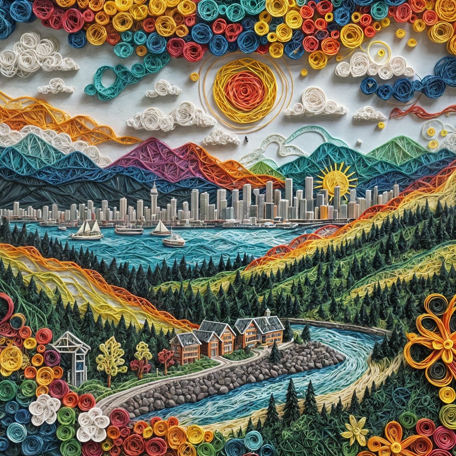 Vancouver Canada Landscape in Vibrant String Art