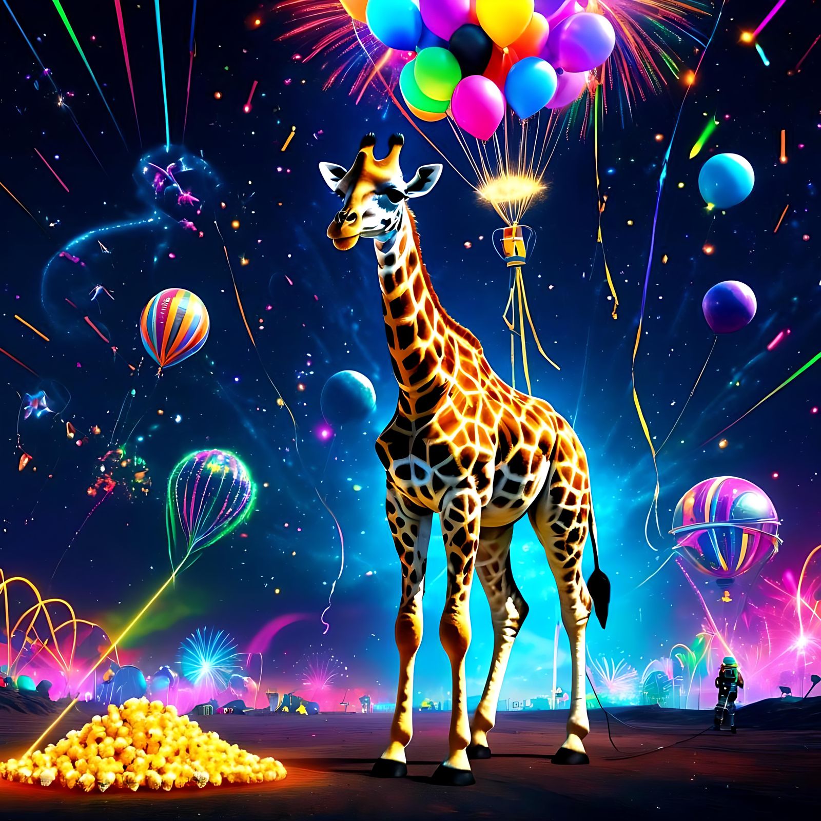 Futuristic Giraffe at Space Carnival: Detailed Matte Paintin...