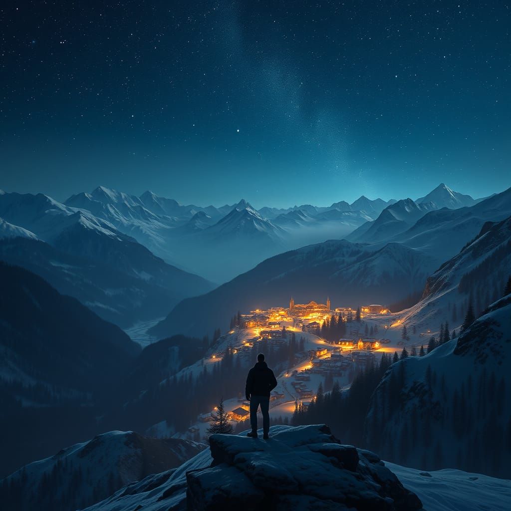 Man on Mountain Ridge Overlooking Snowy Village at Night