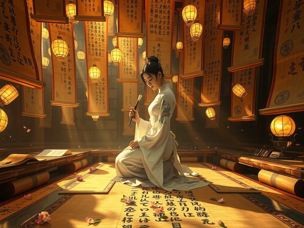 Sacred Dreamscape: Woman Kneeling in Ancient Scroll Temple