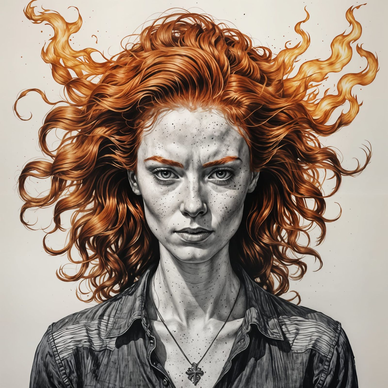 Fiery Ginger Woman in Cross Hatching Art