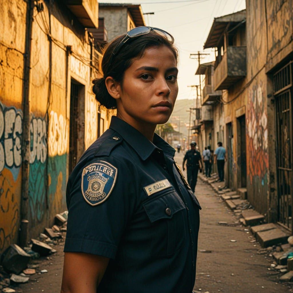 Gritty Police Officer Enters Favela in Vibrant Urban Landsca...
