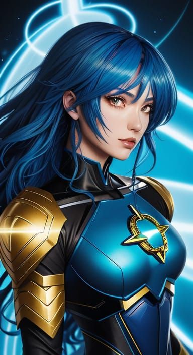 Vibrant Blue Superhero Rem Lezar in Manga Style