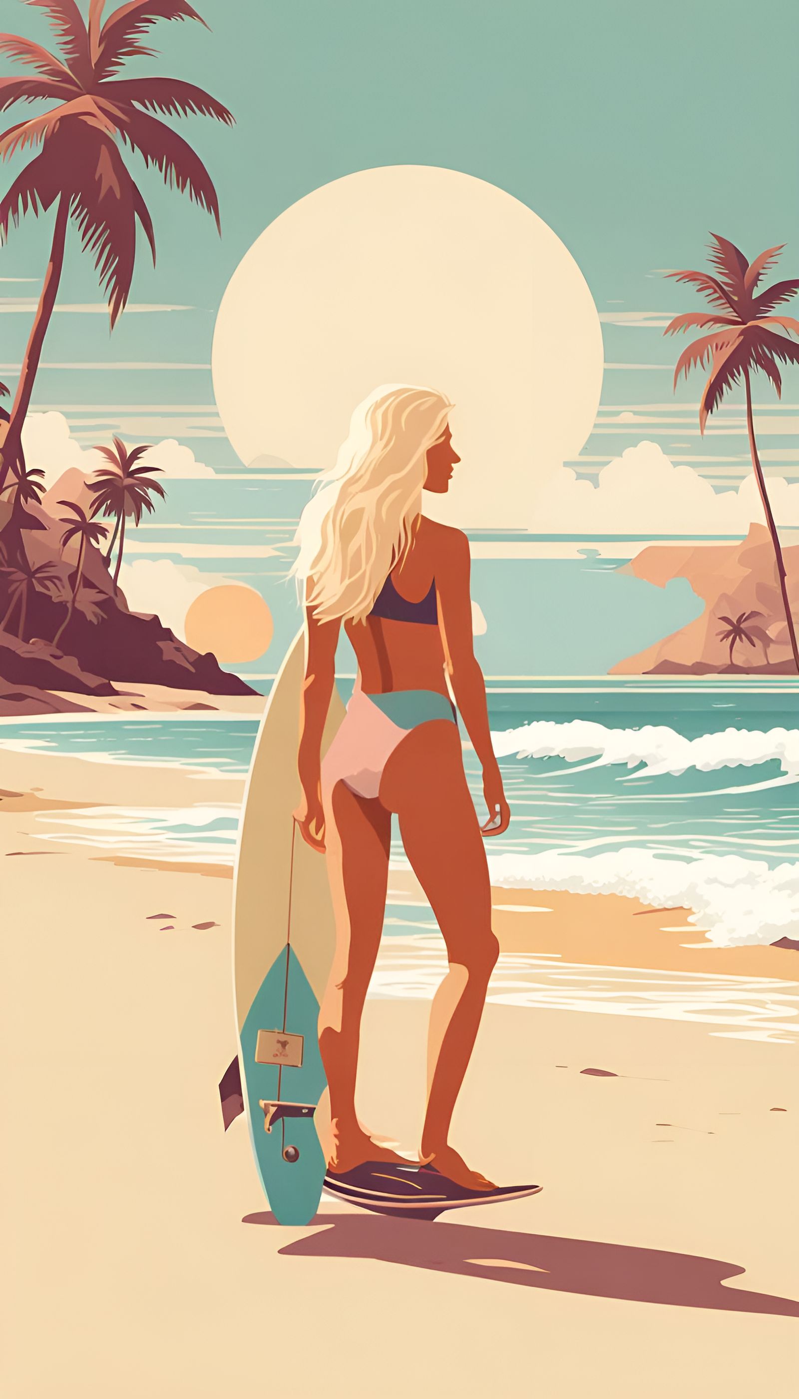 Flat-Style Travel Poster of a Blond Surfer Girl