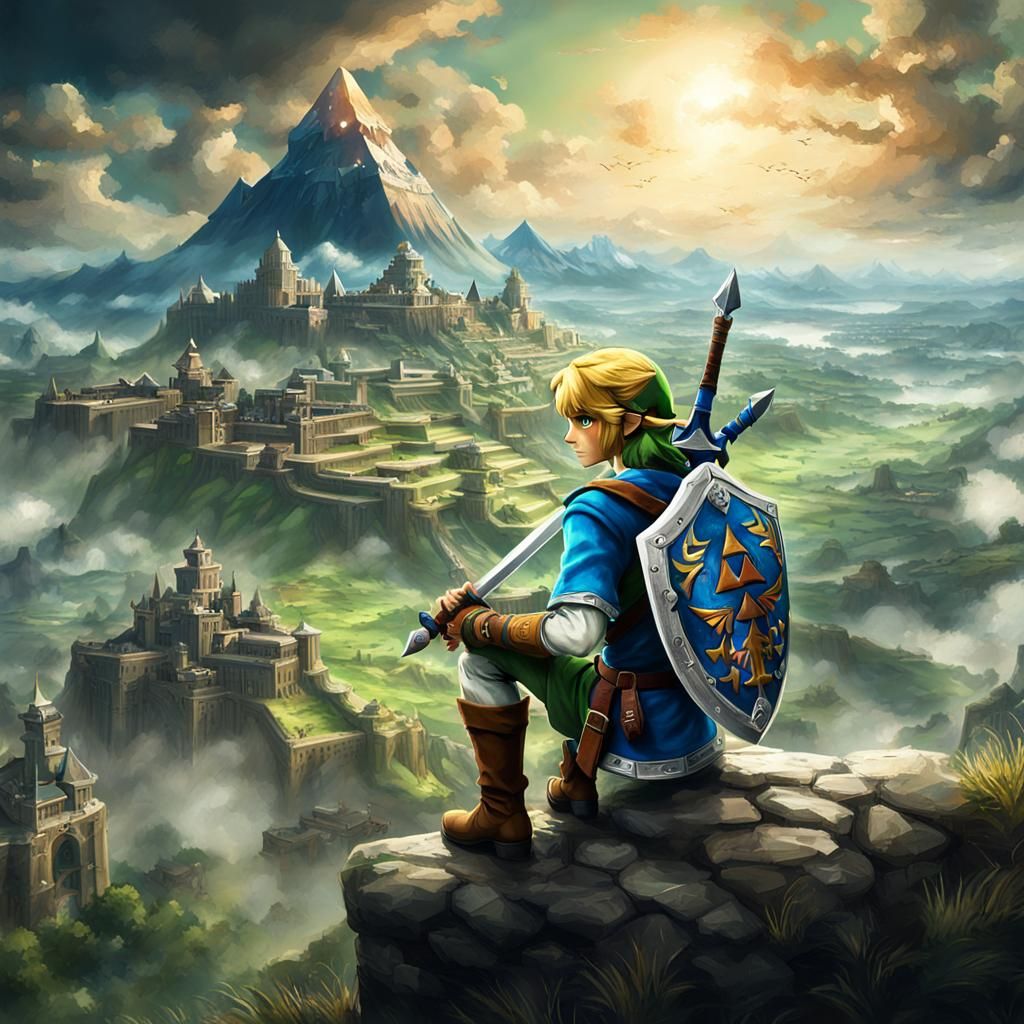 Link Overlooking Hyrule in Hyperrealistic Style