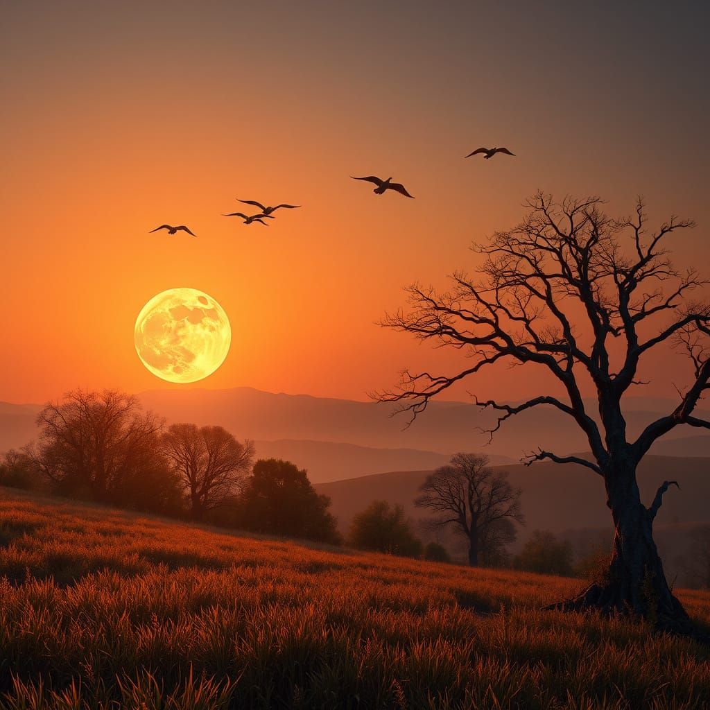Serene Dusk Landscape with Ultra-Realistic Moon and Birds