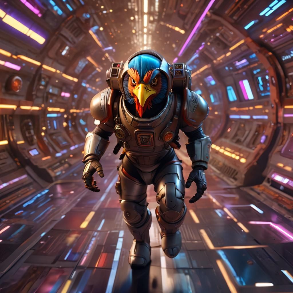 Futuristic Leeroy Jenkins Running with Chicken in Spacesuit