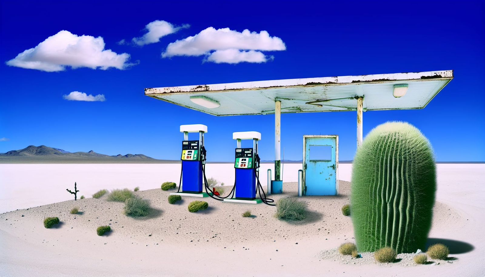 Desert Gas Station with Blue Fuel Pumps