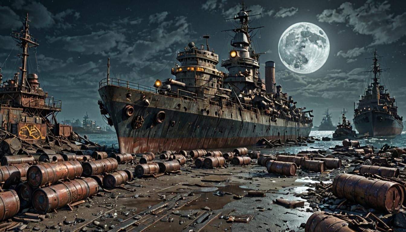 Dieselpunk Ruined Port with Battleship Under Moonlight