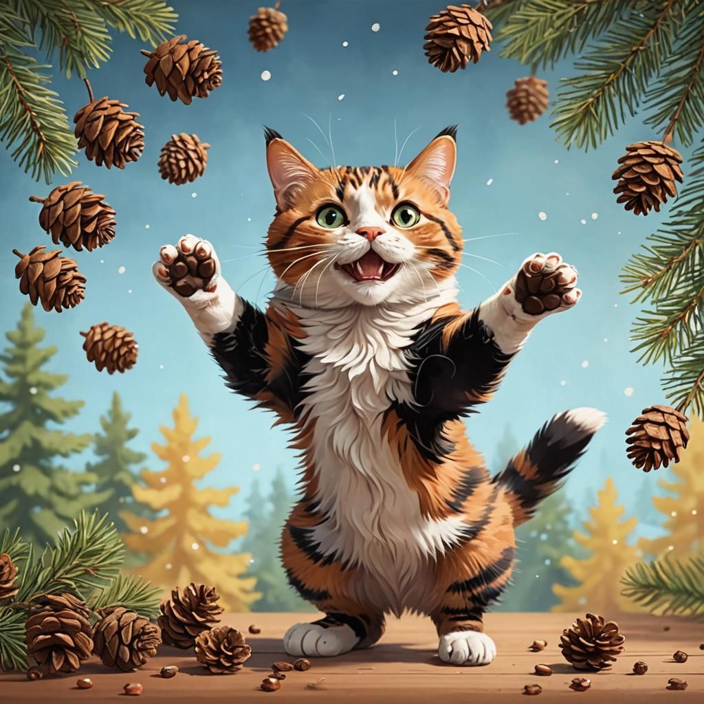 Calico Cat's Pinecone Dance: A Whimsical Display