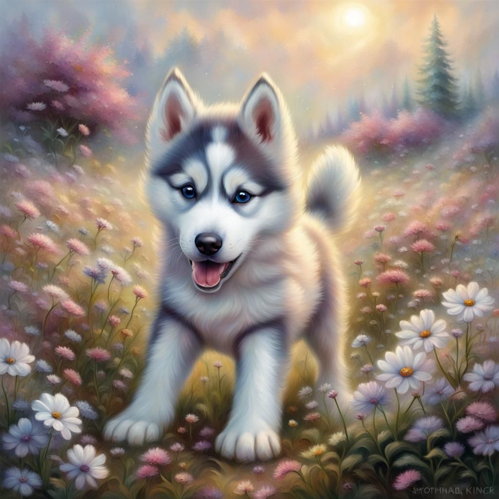 Puppy Husky Plays in Ethereal Flower Field