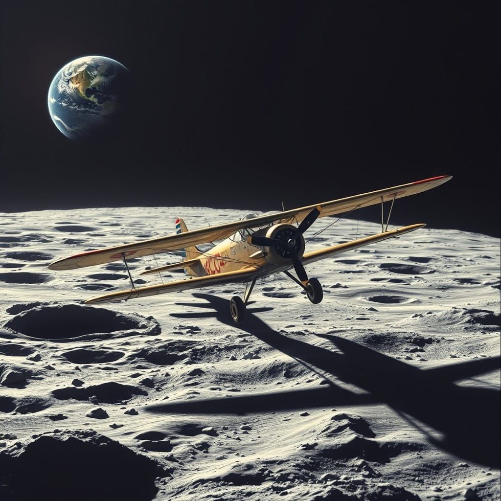 Moon Landing Propeller Plane in Steampunk Style