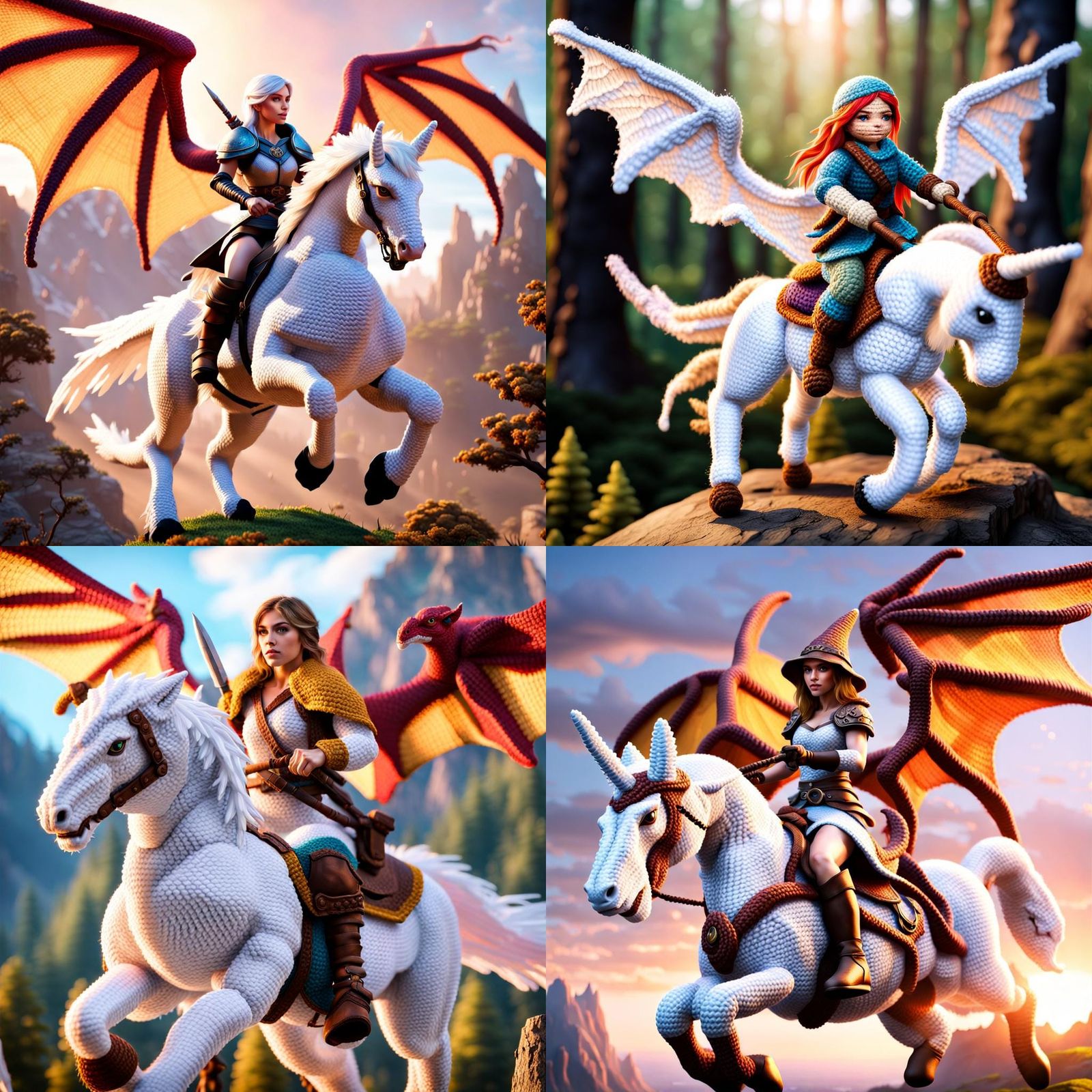 Hyperrealistic Crocheted Paladin on Winged Unicorn