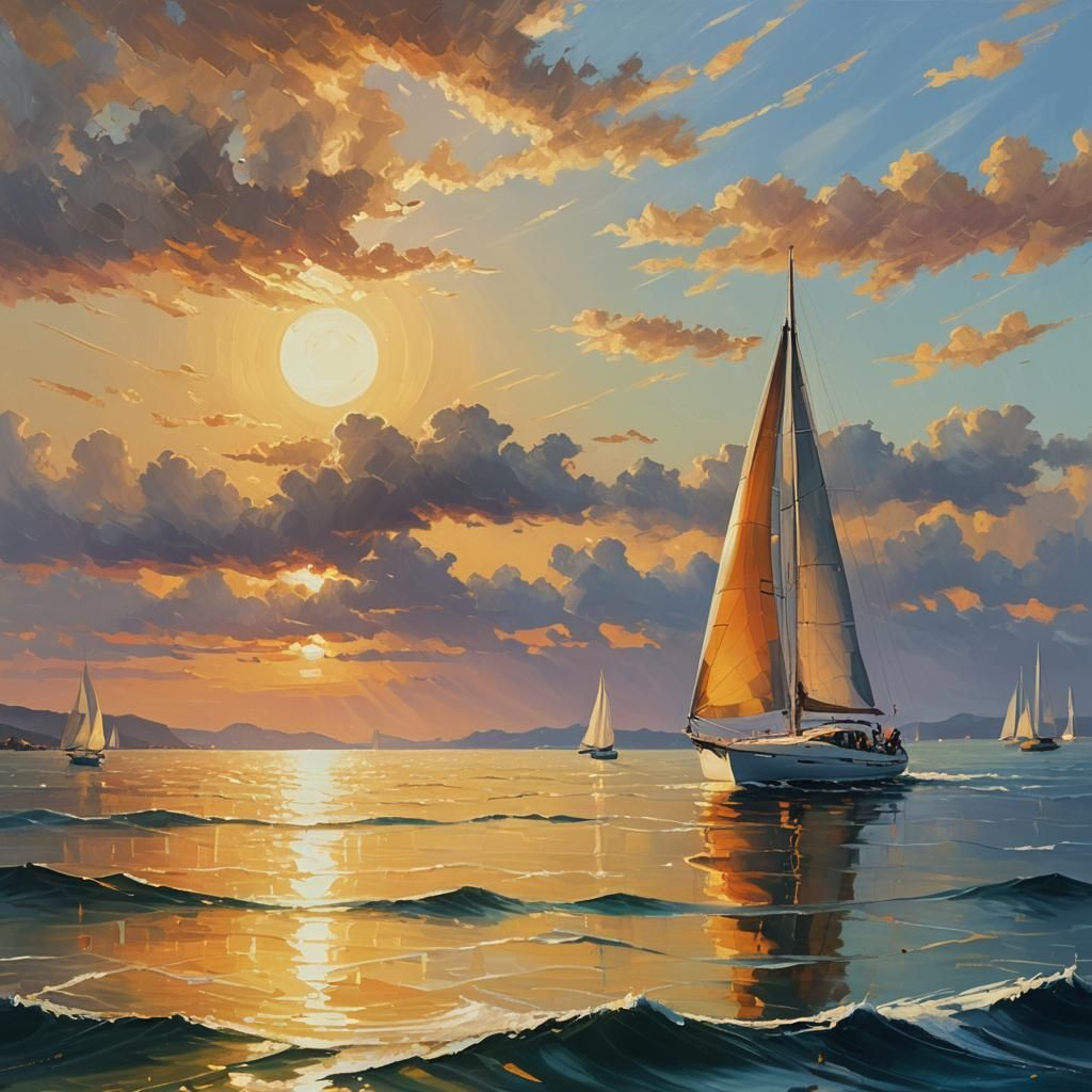 Luxurious Yacht Sails on Ocean: Triadic Color Oil Painting