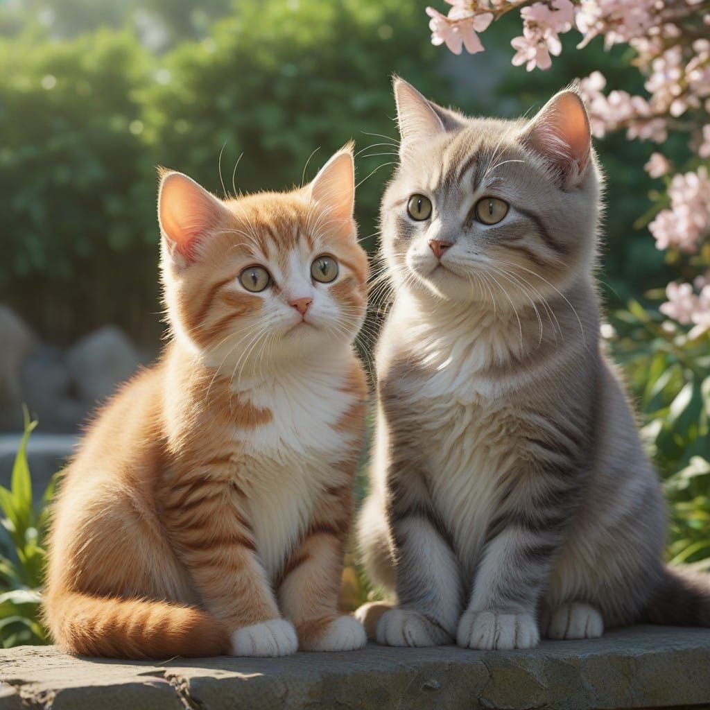 Adorable Ogre and Gray Kitten Cuddle in Serene Japanese Gard...