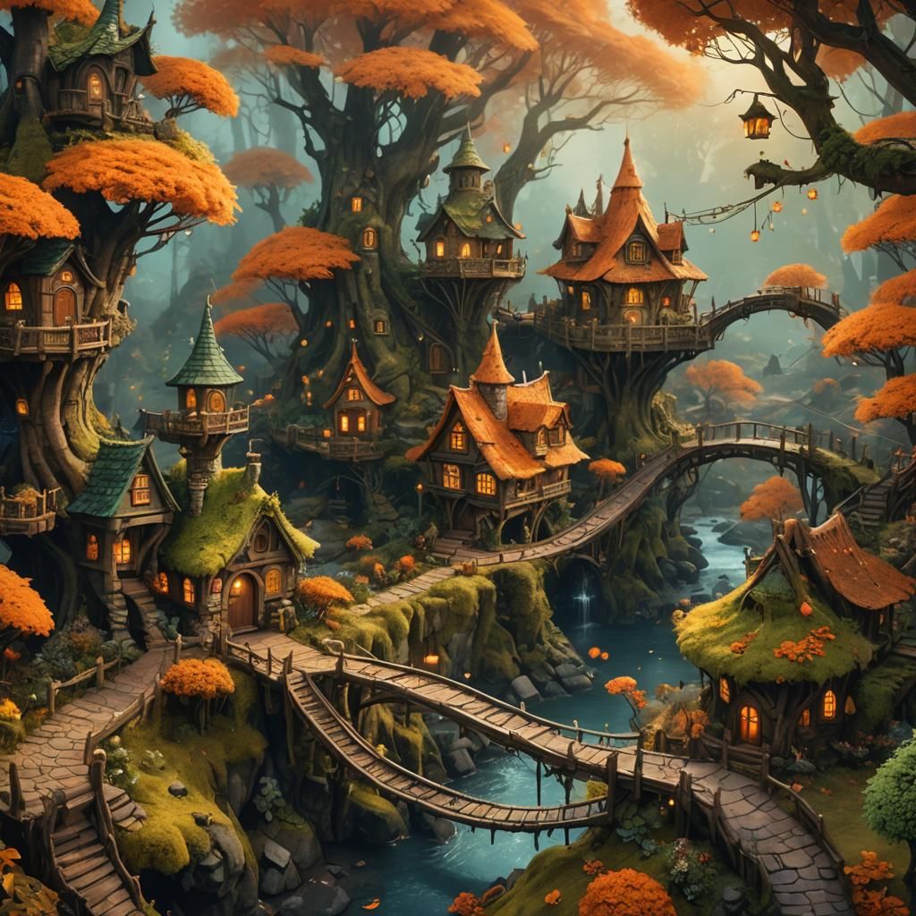 Enchanting Fairy Village Concept Art in Autumn Woodland