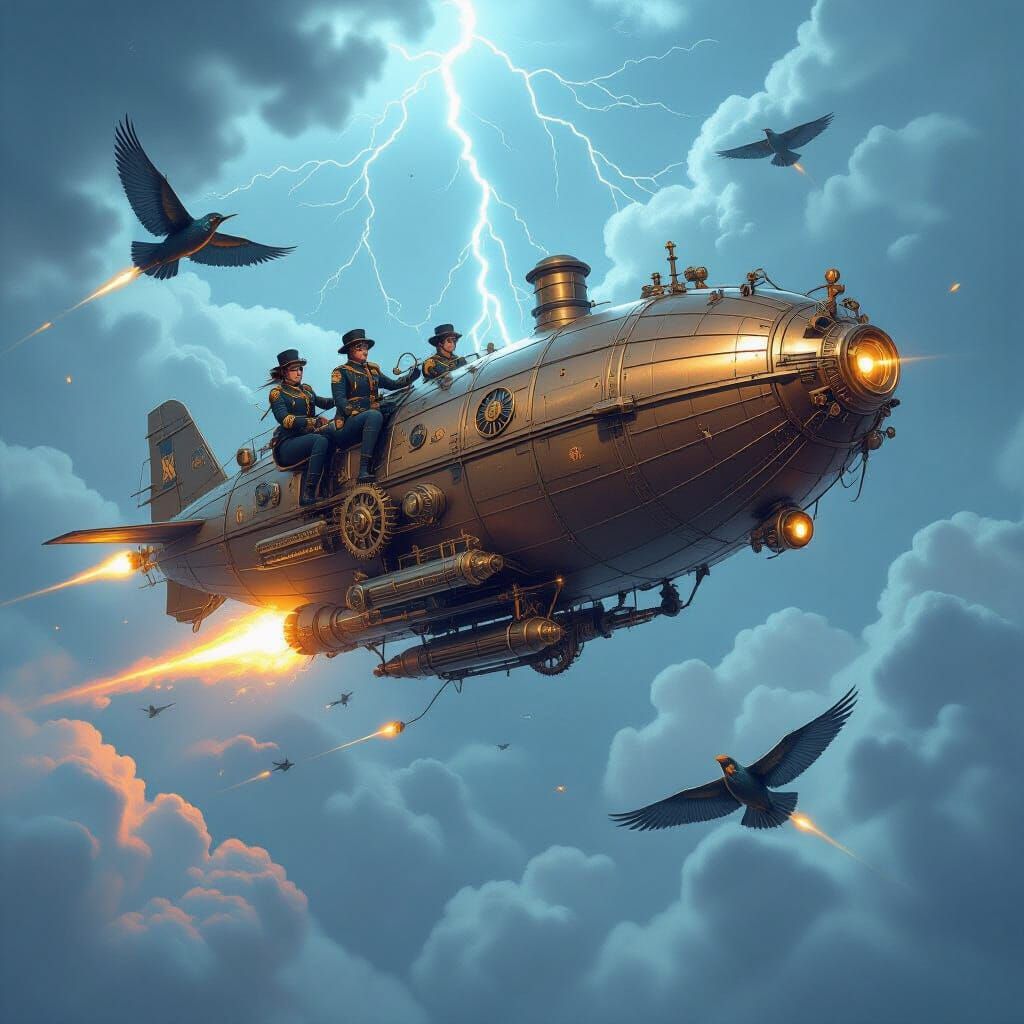 Steampunk Airship Battle Amidst Lightning Storm