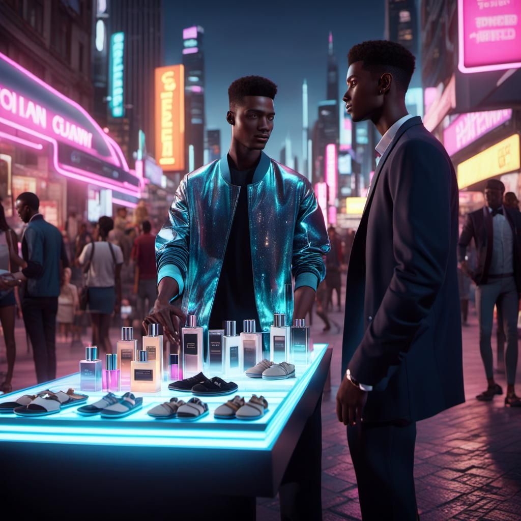 Teenage Vendor in Futuristic Cityscape, 3D Render
