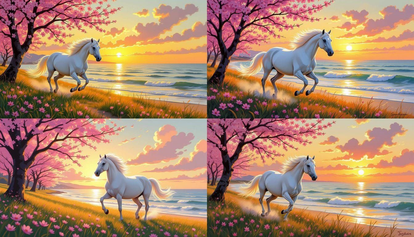 Majestic White Horse Gallops Through Sakura Field at Sunset
