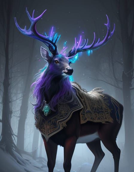 Mystical Christmas Landscape with Regal Deer and Glowing Tre...