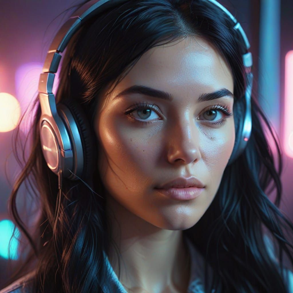 Hyper-Realistic Portrait of a Woman with Headphones