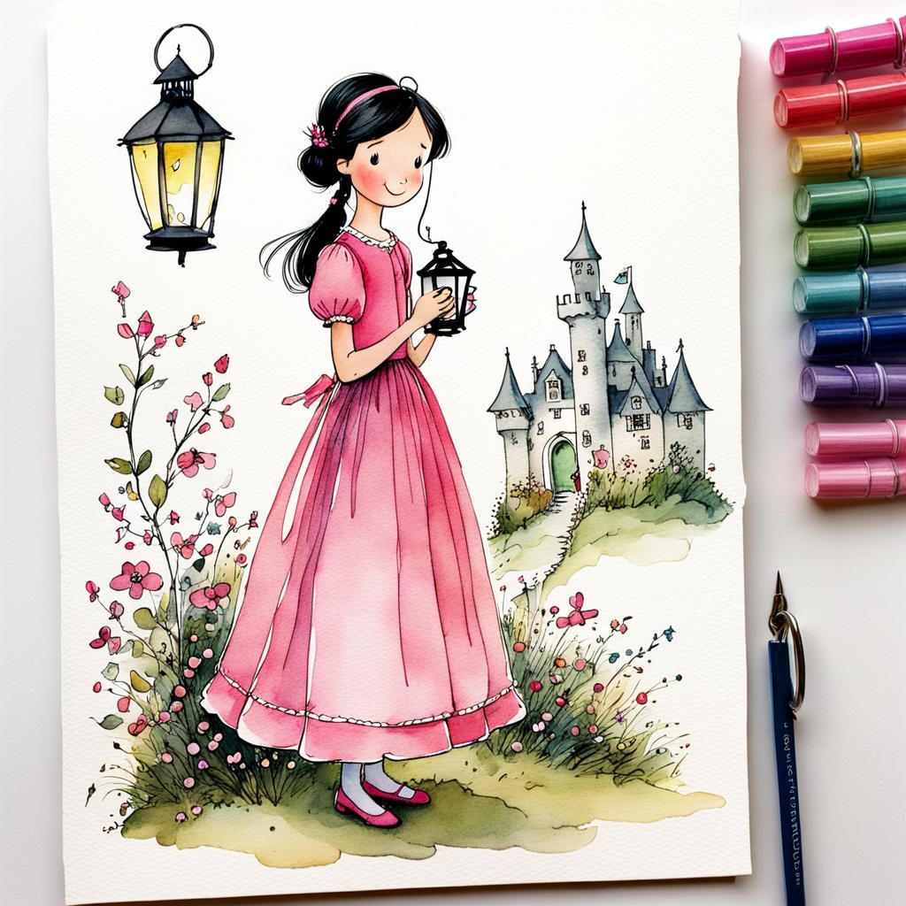 Princess with Lantern: Storybook Illustration in Watercolor