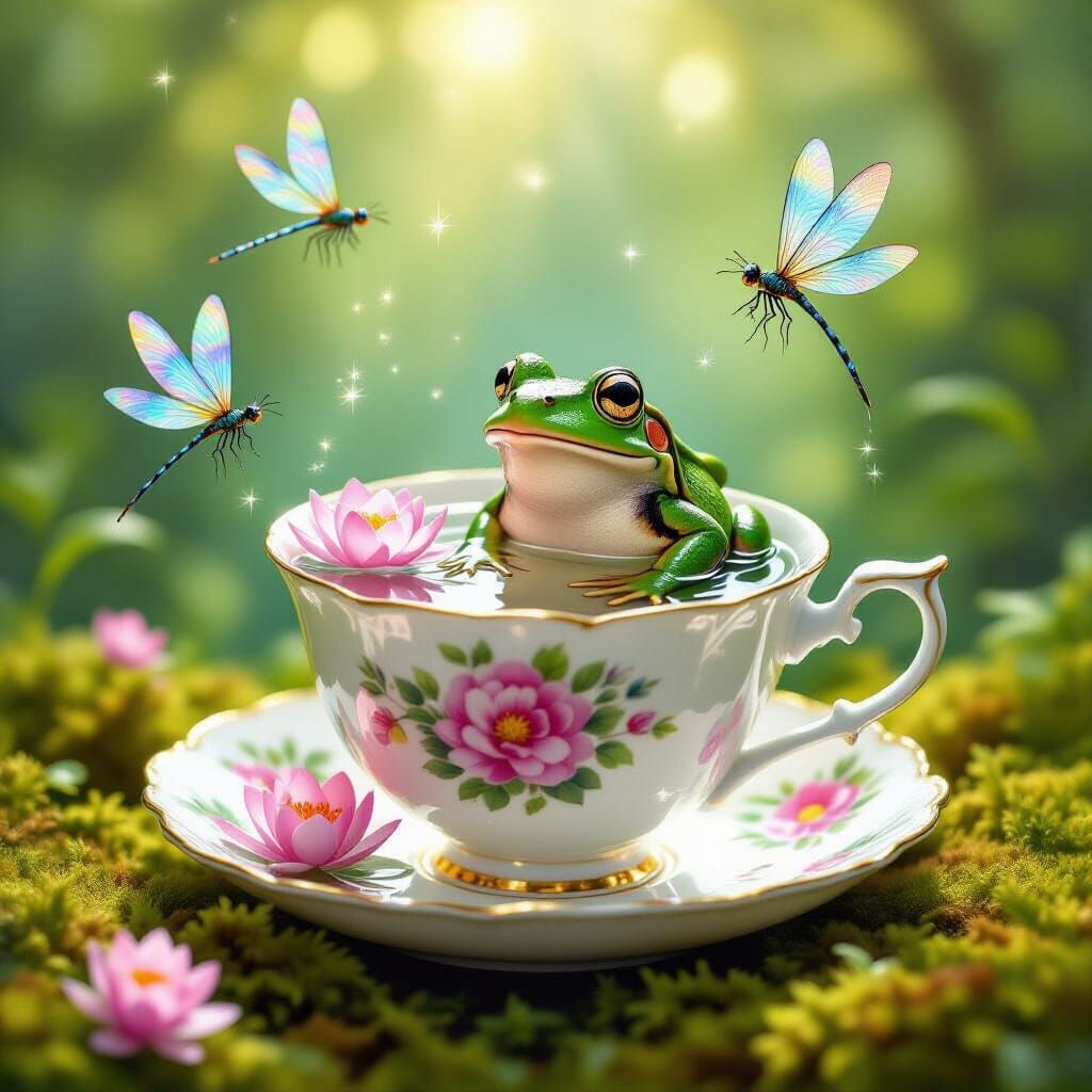 Whimsical Frog in Teacup Pond Fairytale Scene