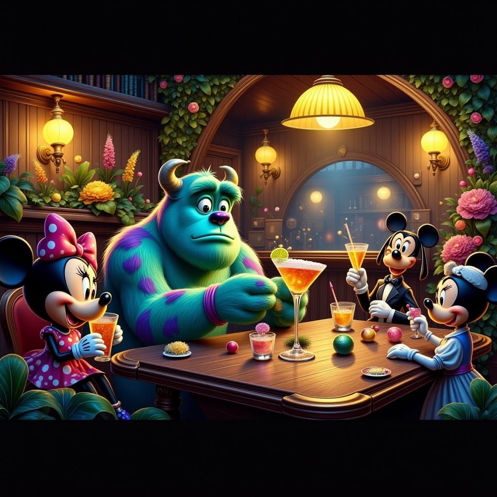 Fairytale Bar Scene with Sulley, Mike, Mickey, and Disney Fr...