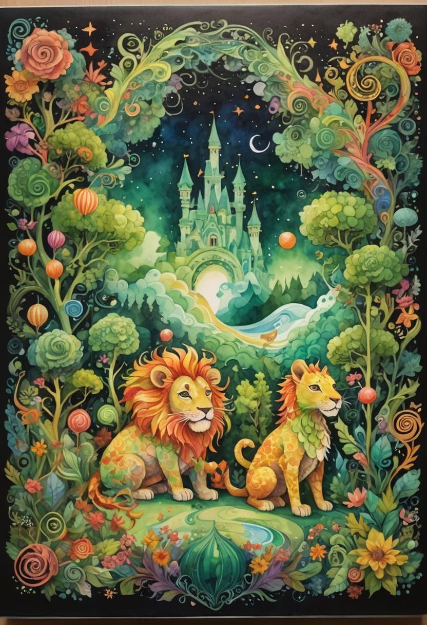 Lion and Dragon in Watercolor Candyland
