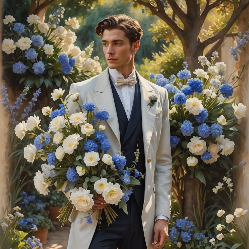 Romantic Portrait of Man with Flowers as Impressionist Art