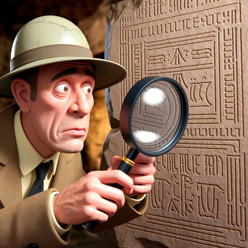 Whimsical Archaeologist Examines Alien Hieroglyphs