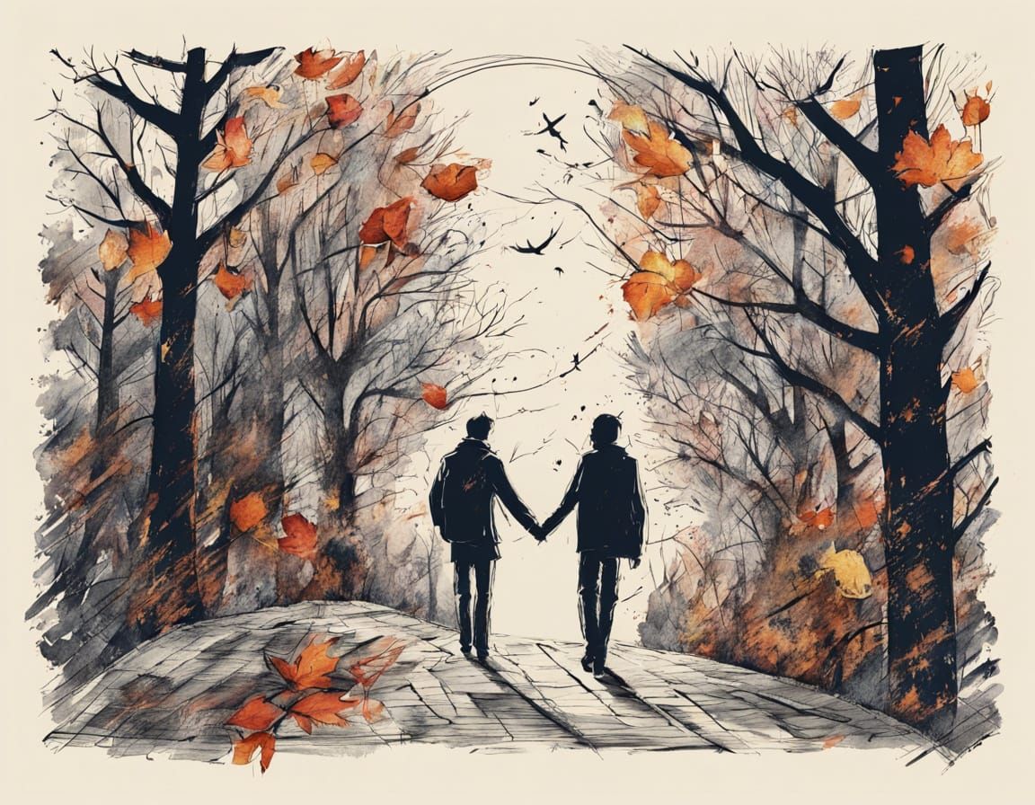 Couple's Moonlit Walk in Autumn Woods: 2D Illustration