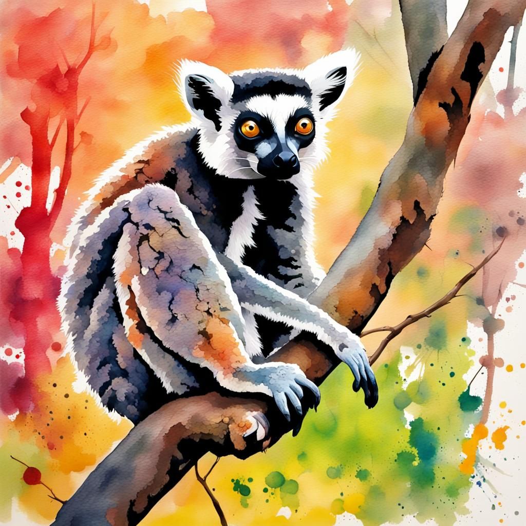 Lemur in Tree: Gouache and Watercolor Impression