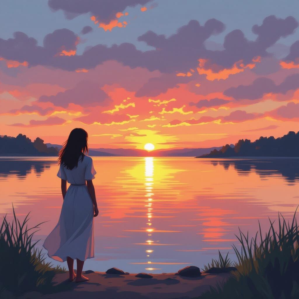 Woman Gazing at Sunset in Impressionist Style